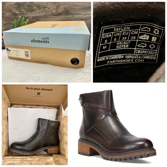 NIB Earth Elements Taylen Boot Bootie Lug Sole Patchwork Leather Walnut - Picture 13 of 14